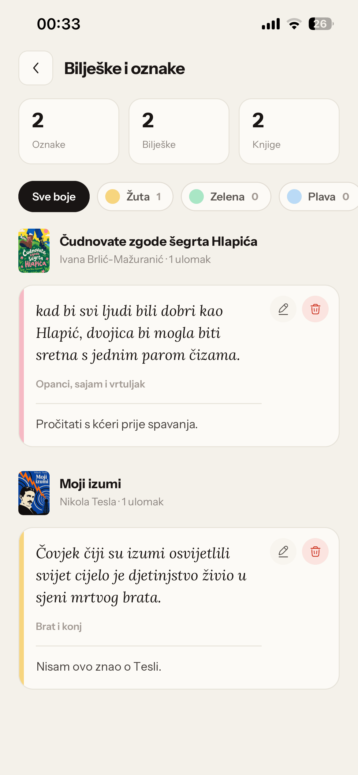 Zaslon Bilješke i oznake: označene rečenice iz knjiga, s bilješkama i bojama oznaka.