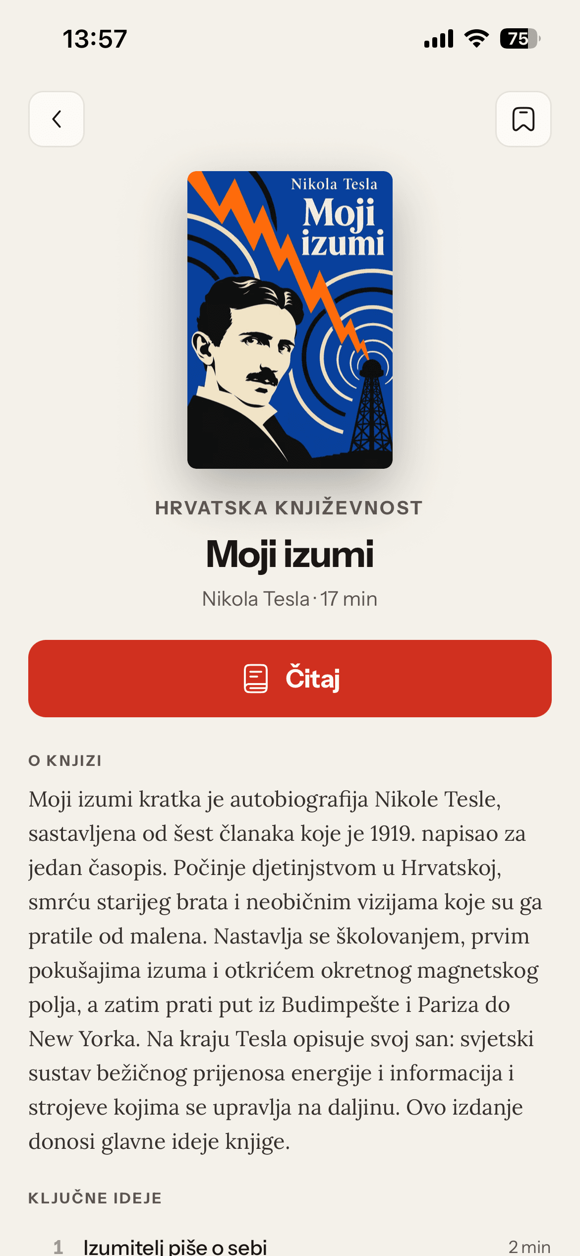 Zaslon knjige Moji izumi Nikole Tesle: naslovnica, gumb Čitaj, opis knjige i popis ključnih ideja.